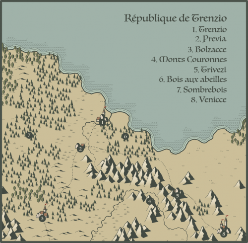 Région de Trenzio, générée avec https://watabou.itch.io/perilous-shores